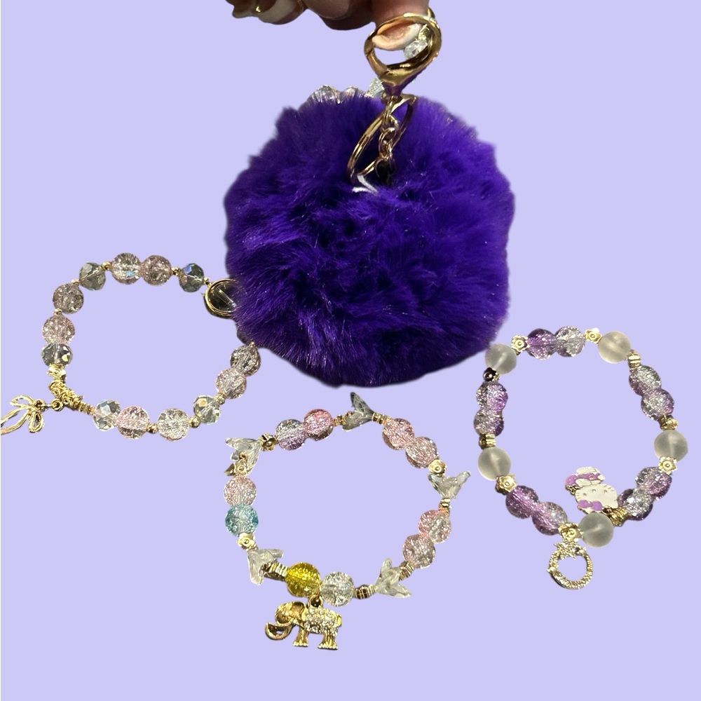 Purple Pom Pom Keychain with Hello Kitty Beaded Bracelets (Bundle)